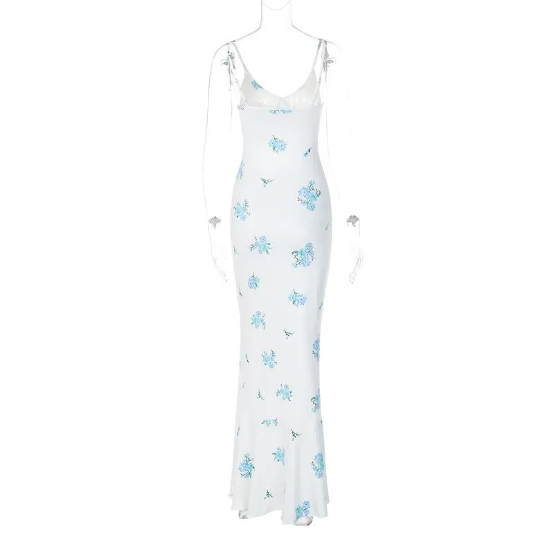 Flower print contrast v neck ruched cami maxi dress