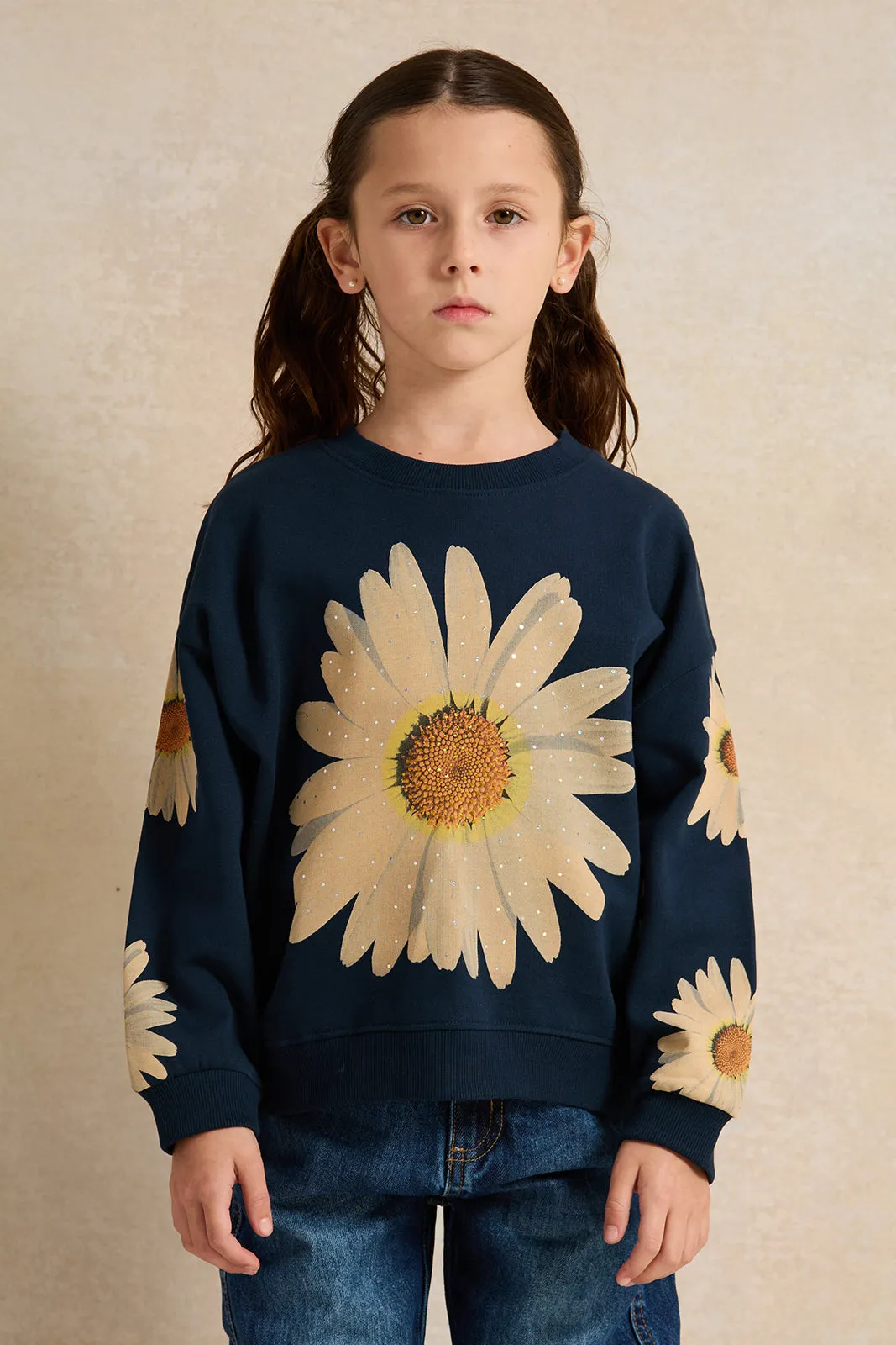 Girls Navy Flower Printed Sweatshirt