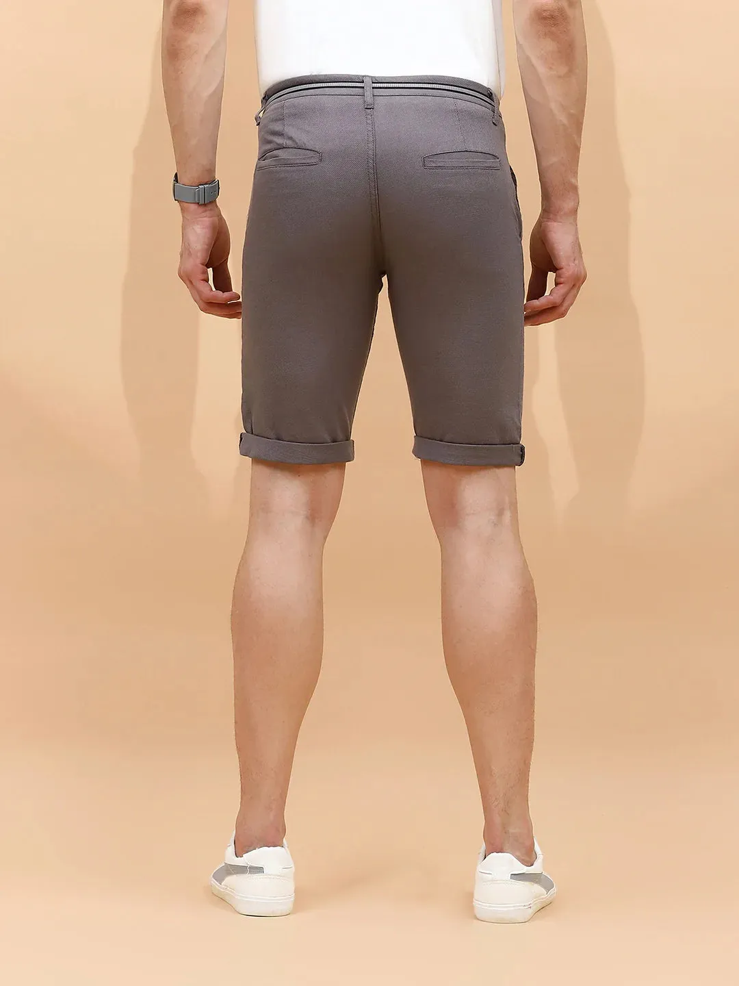 Grey Cotton Blend Regular Fit Shorts For Men