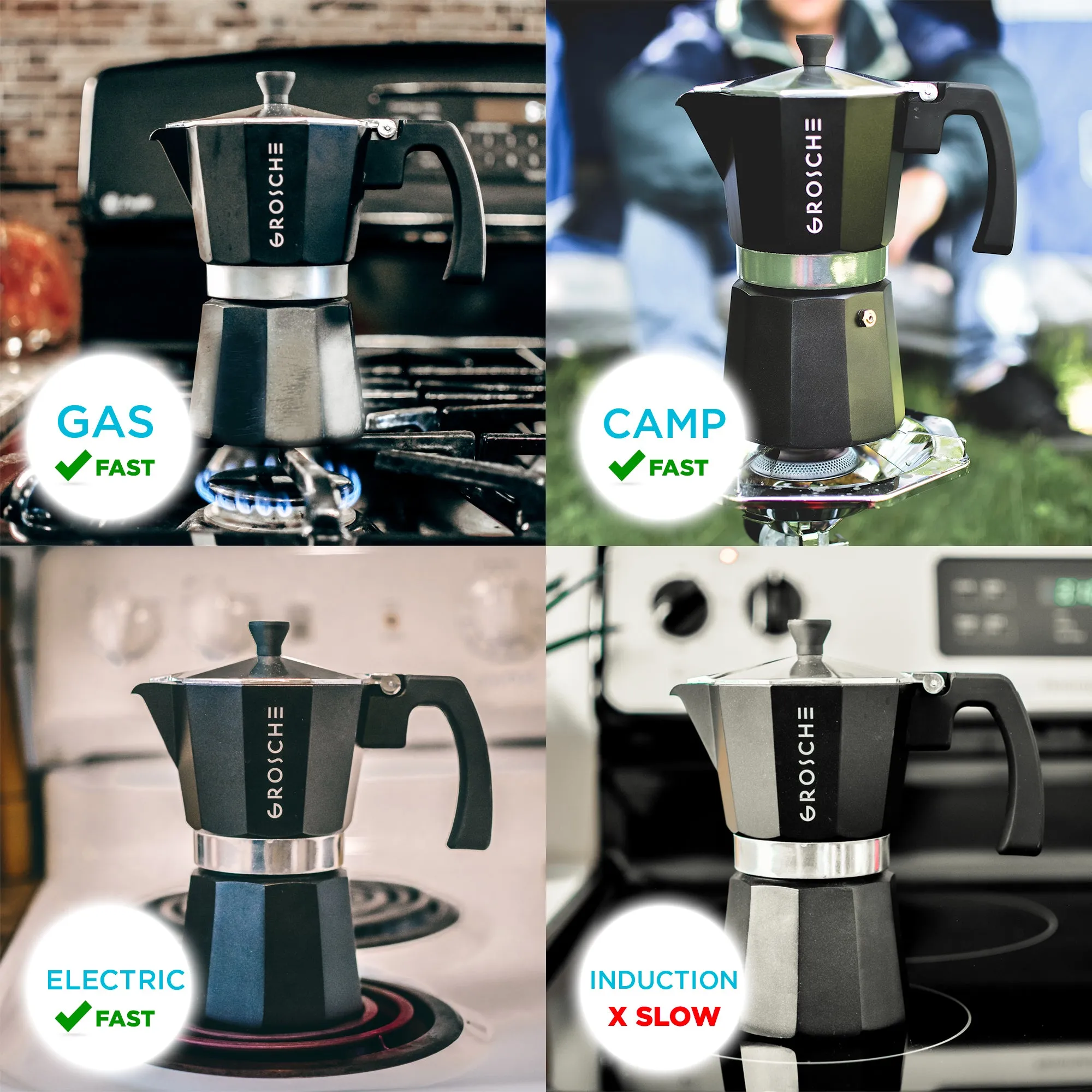 GROSCHE MILANO Stovetop Espresso Maker, Black, Available in multiple sizes - Pack of 4