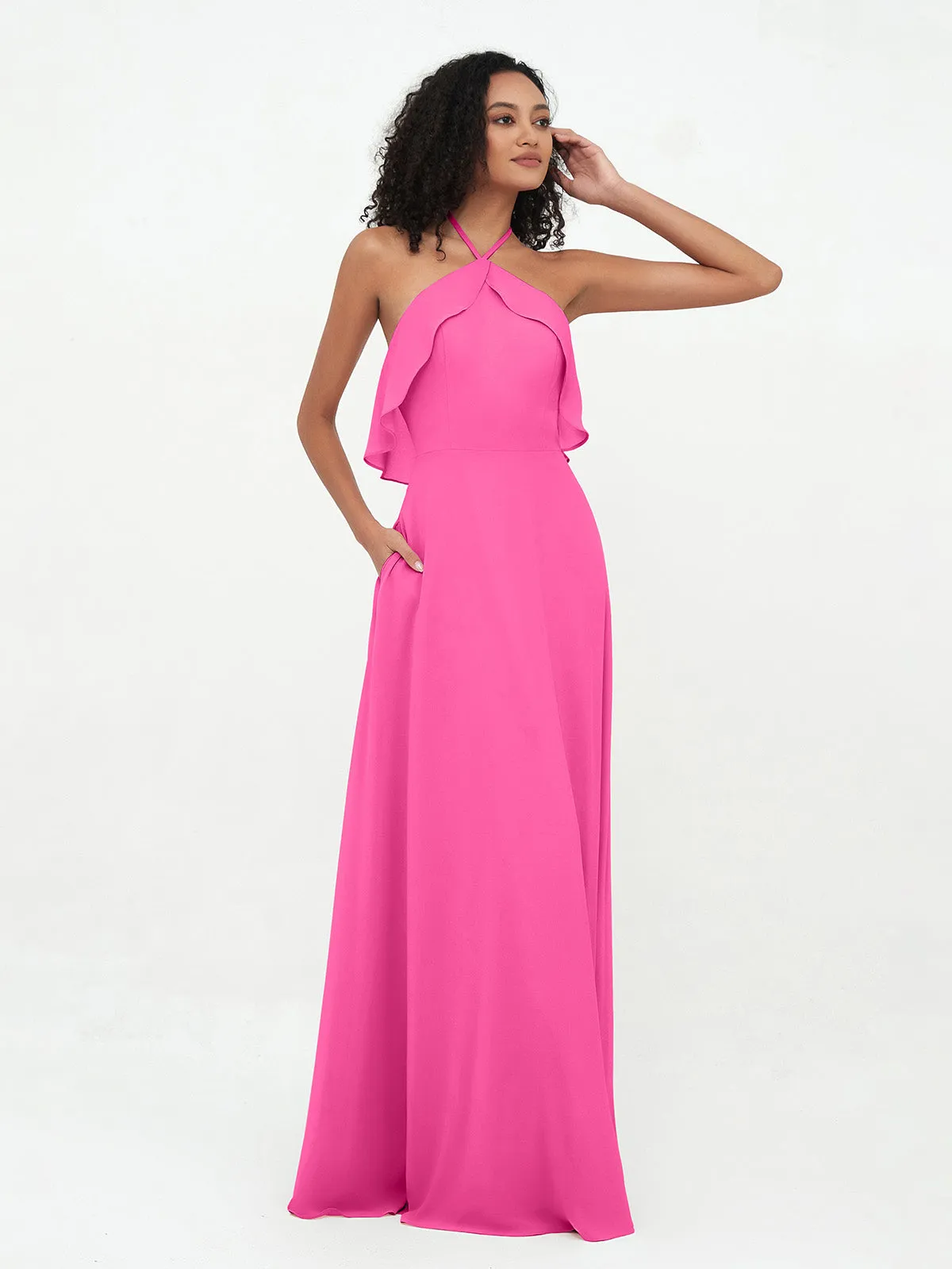 Halter Strap Chiffon Long Bridesmaid Dresses Azalea Plus Size