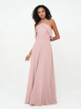 Halter Strap Chiffon Long Bridesmaid Dresses Dusty Rose Plus Size