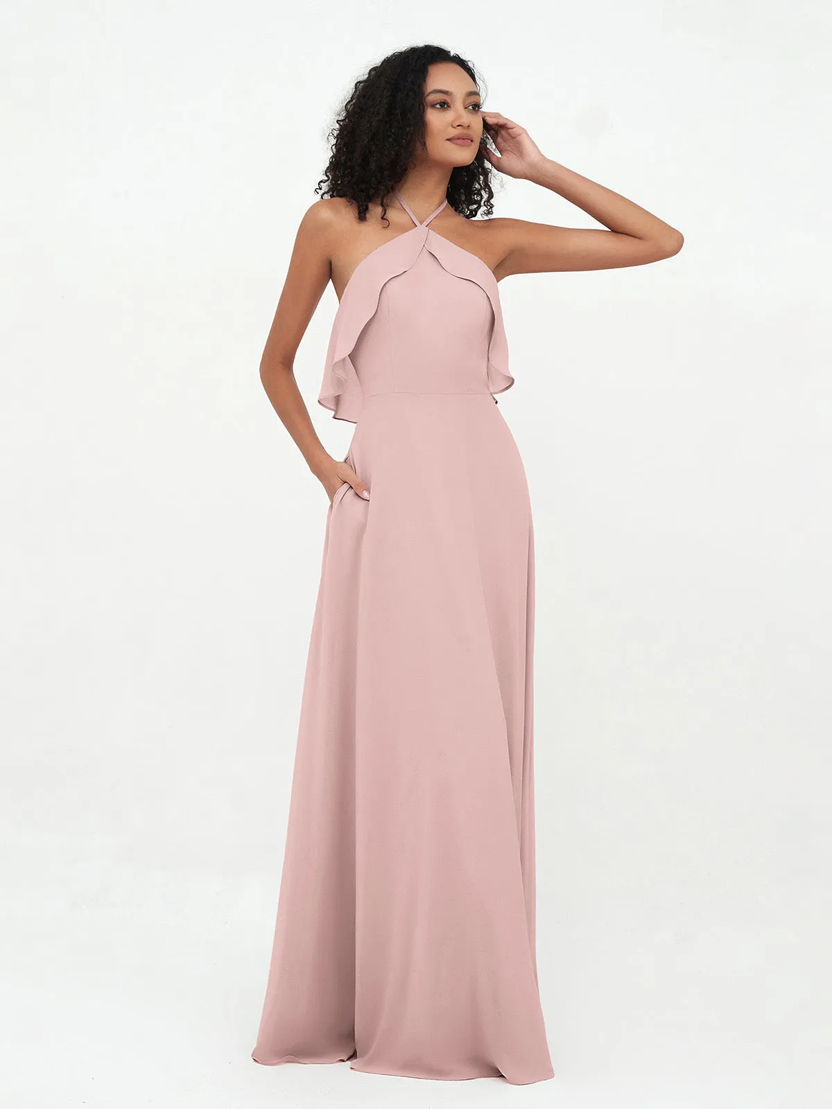 Halter Strap Chiffon Long Bridesmaid Dresses Dusty Rose Plus Size