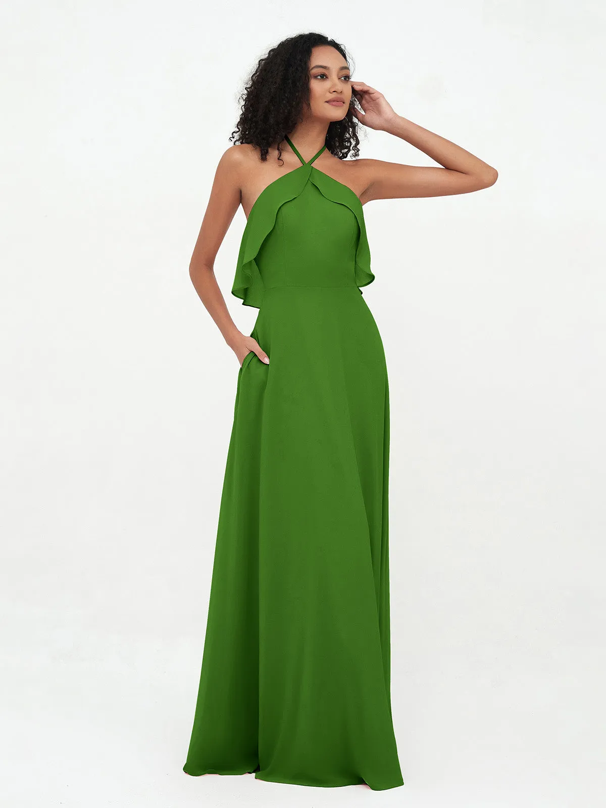 Halter Strap Chiffon Long Bridesmaid Dresses Moss