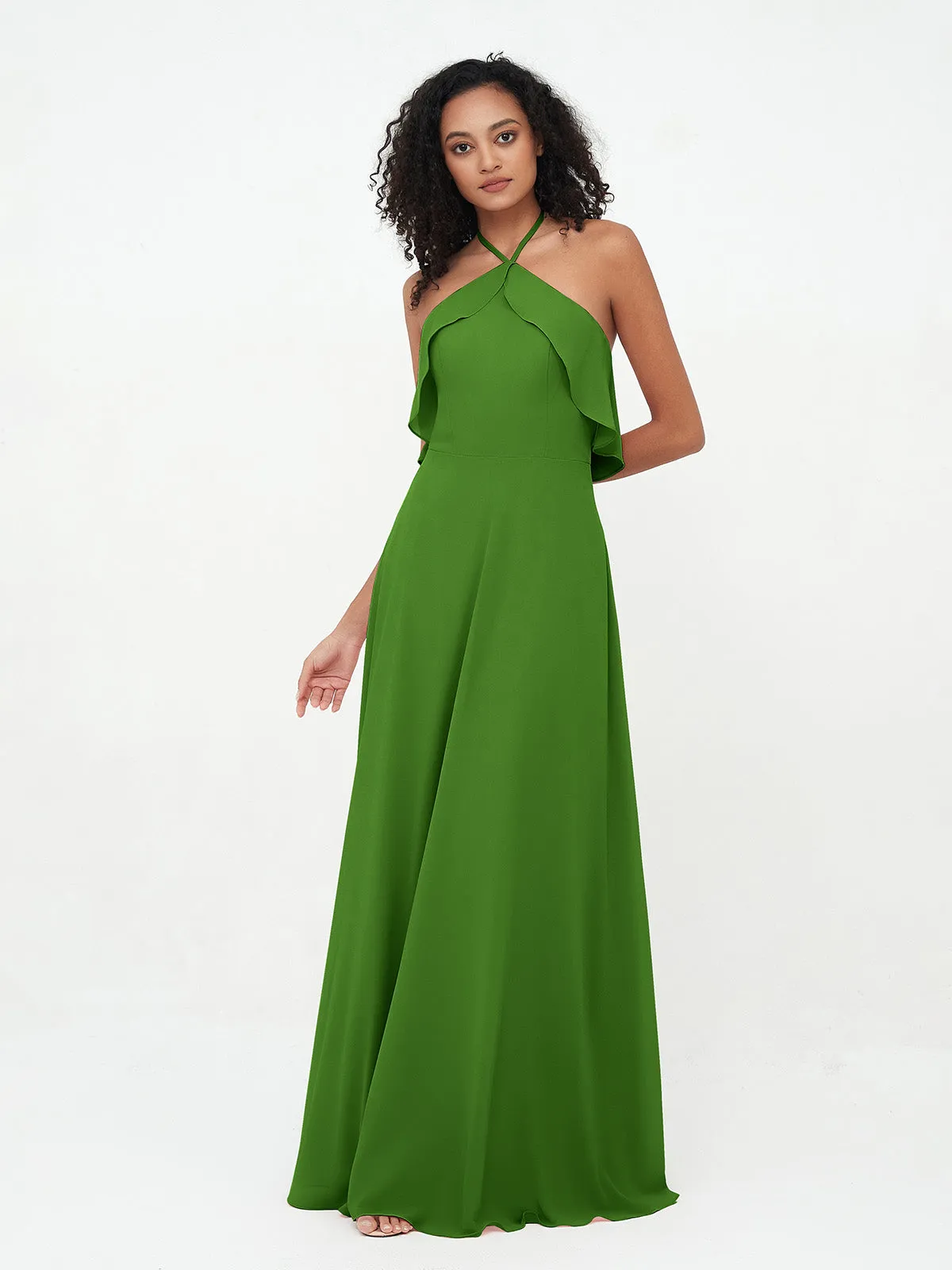 Halter Strap Chiffon Long Bridesmaid Dresses Moss