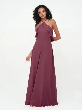 Halter Strap Chiffon Long Bridesmaid Dresses Mulberry Plus Size