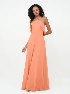 Halter Strap Chiffon Long Bridesmaid Dresses Papaya