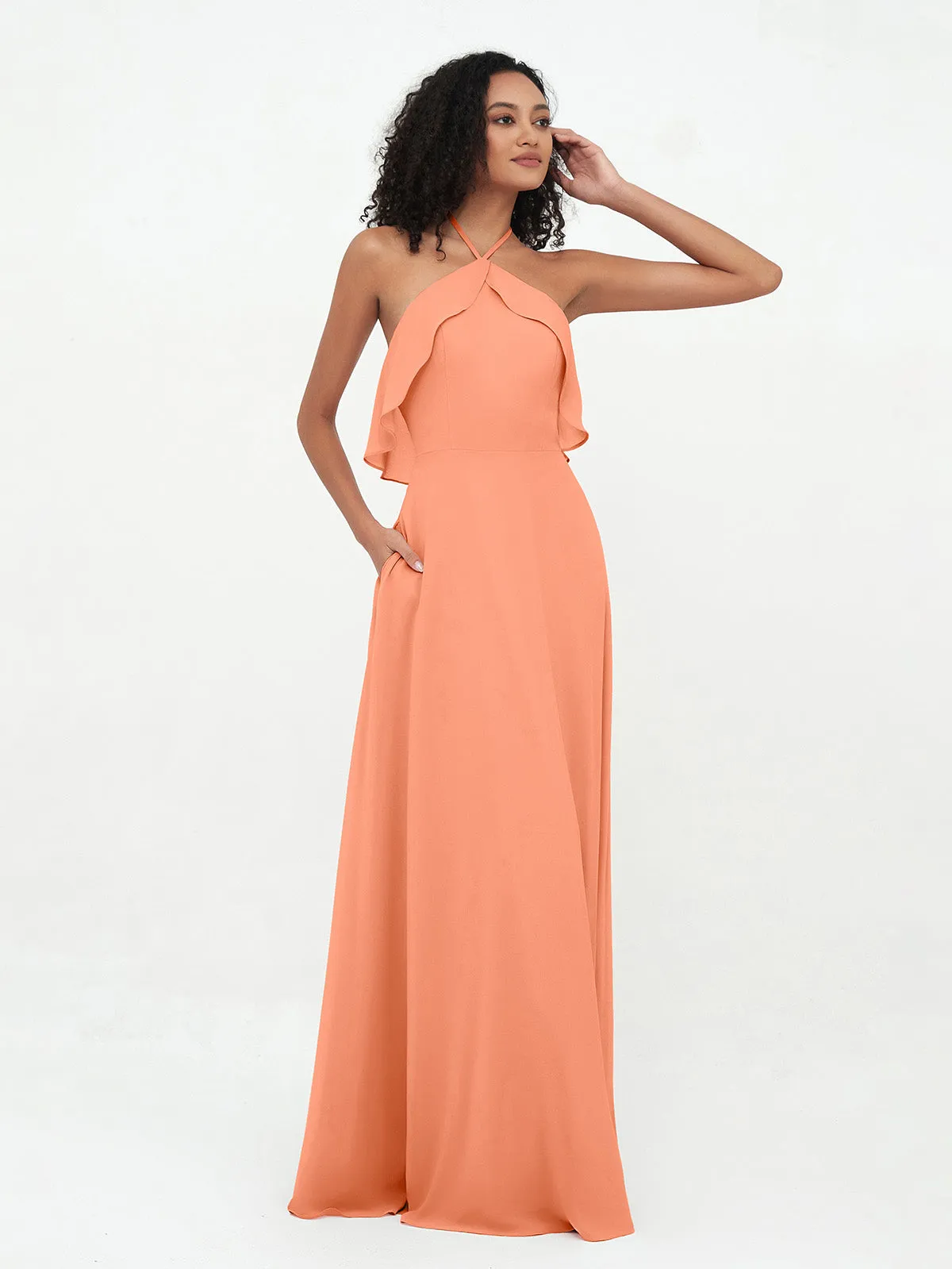 Halter Strap Chiffon Long Bridesmaid Dresses Papaya