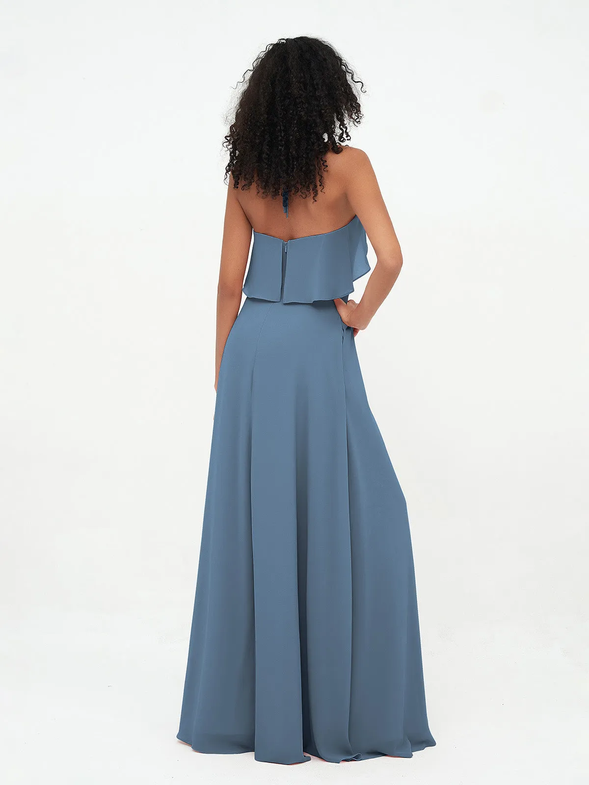 Halter Strap Chiffon Long Bridesmaid Dresses Slate Blue