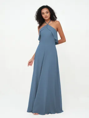 Halter Strap Chiffon Long Bridesmaid Dresses Slate Blue