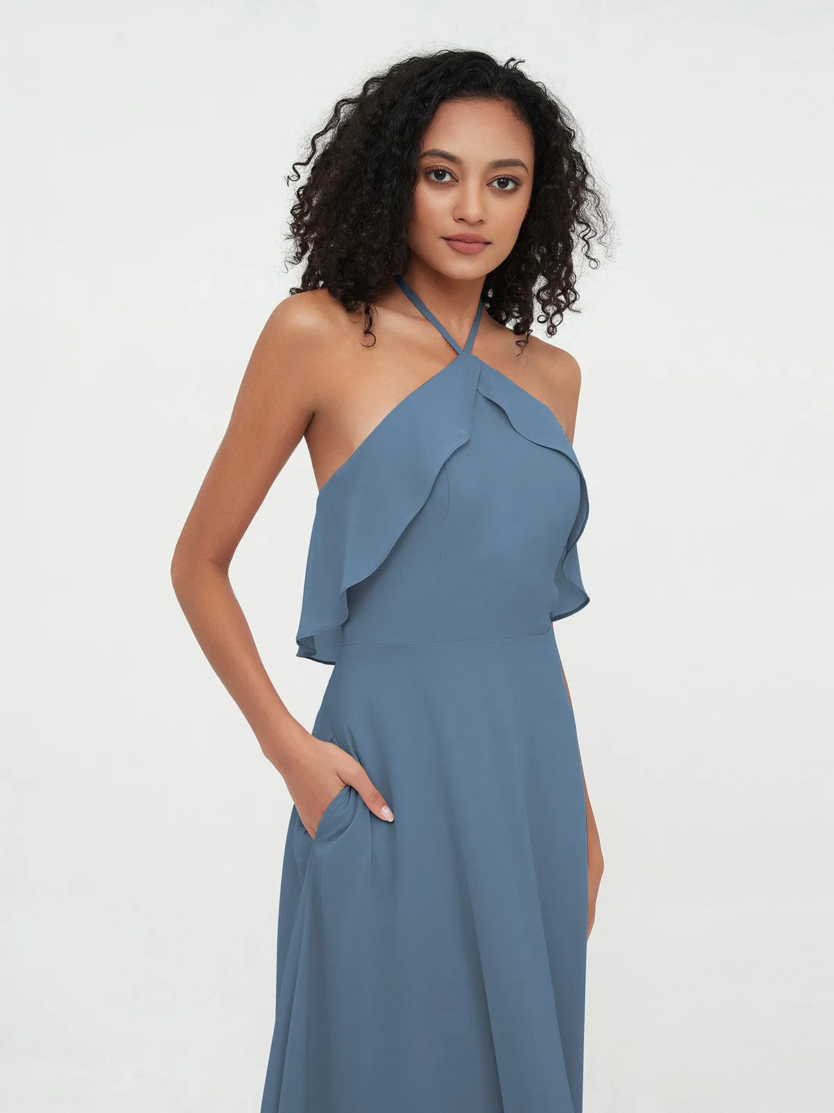 Halter Strap Chiffon Long Bridesmaid Dresses Slate Blue