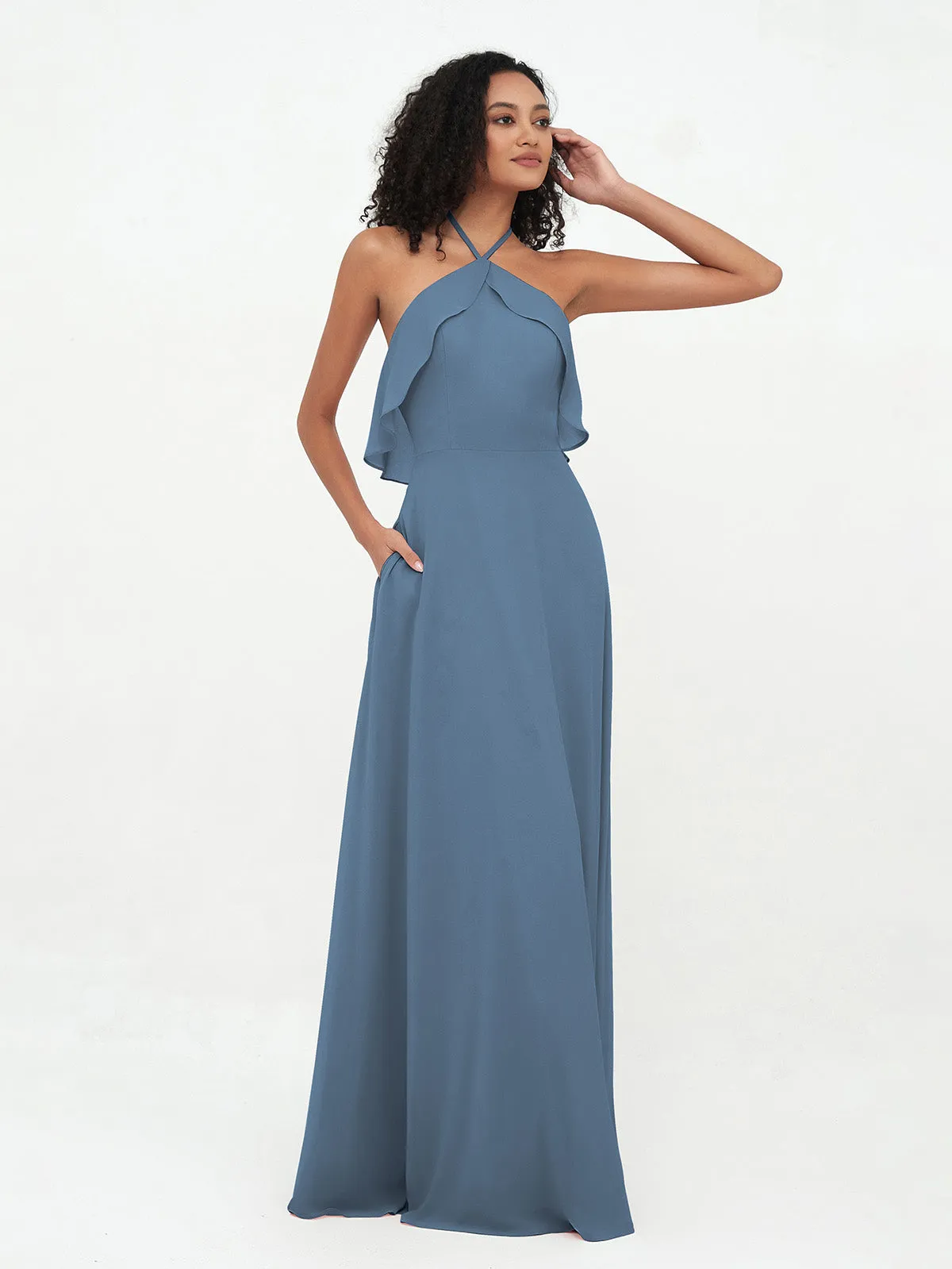 Halter Strap Chiffon Long Bridesmaid Dresses Slate Blue