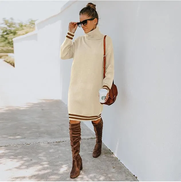 High collar long sleeve knitted dress