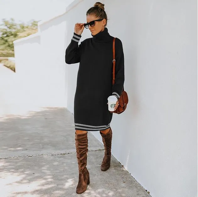 High collar long sleeve knitted dress