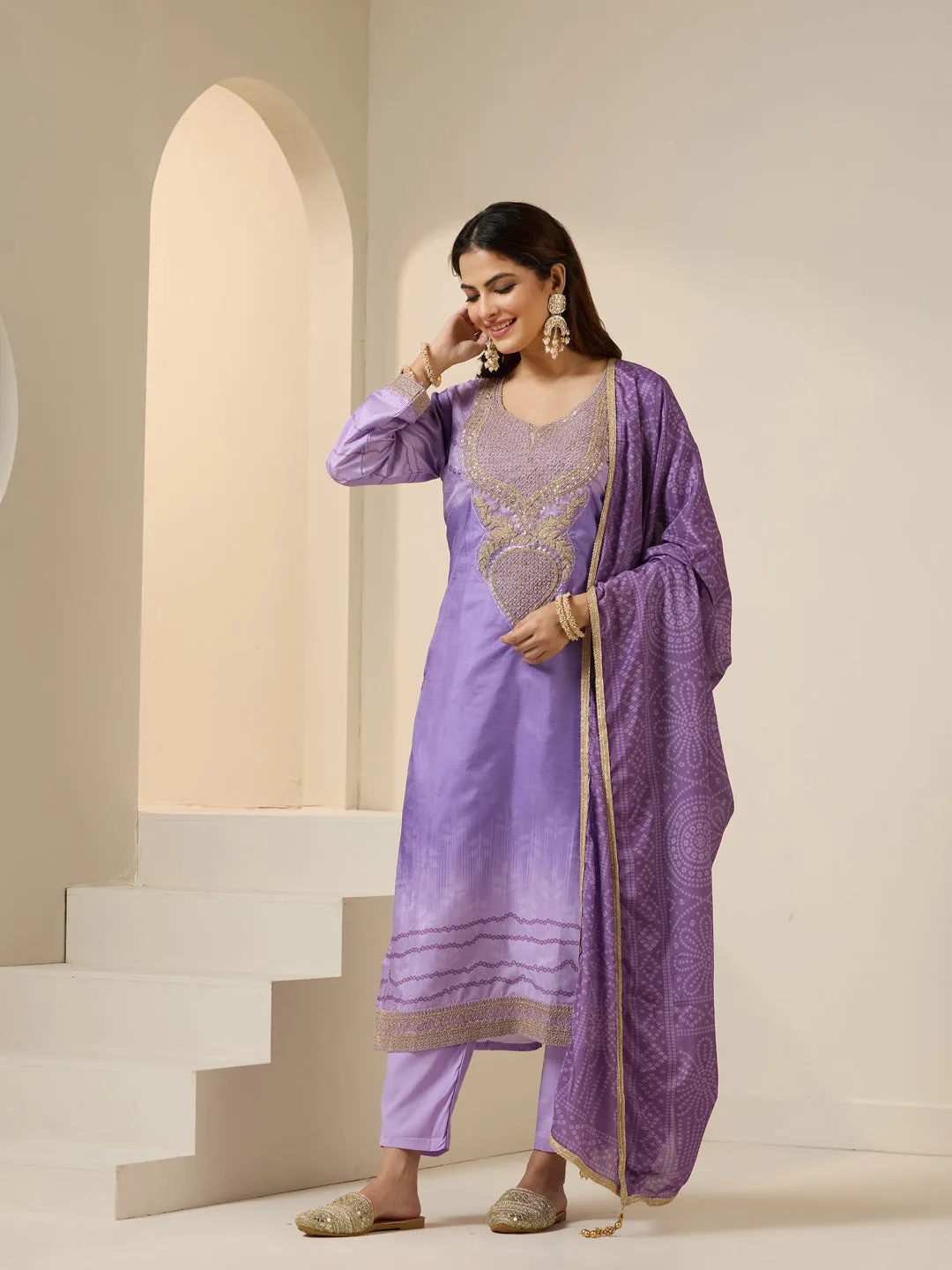 ISHIN Women lilac Polyester Chinon 3pcs kurta set