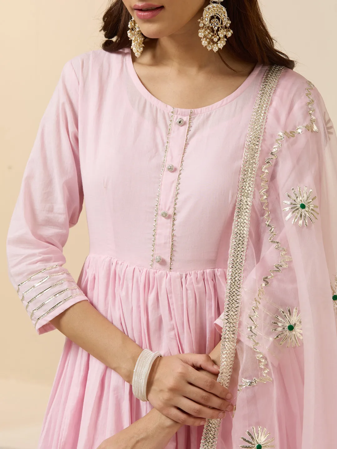 ISHIN Women Pink Cotton 3pcs Kurta set