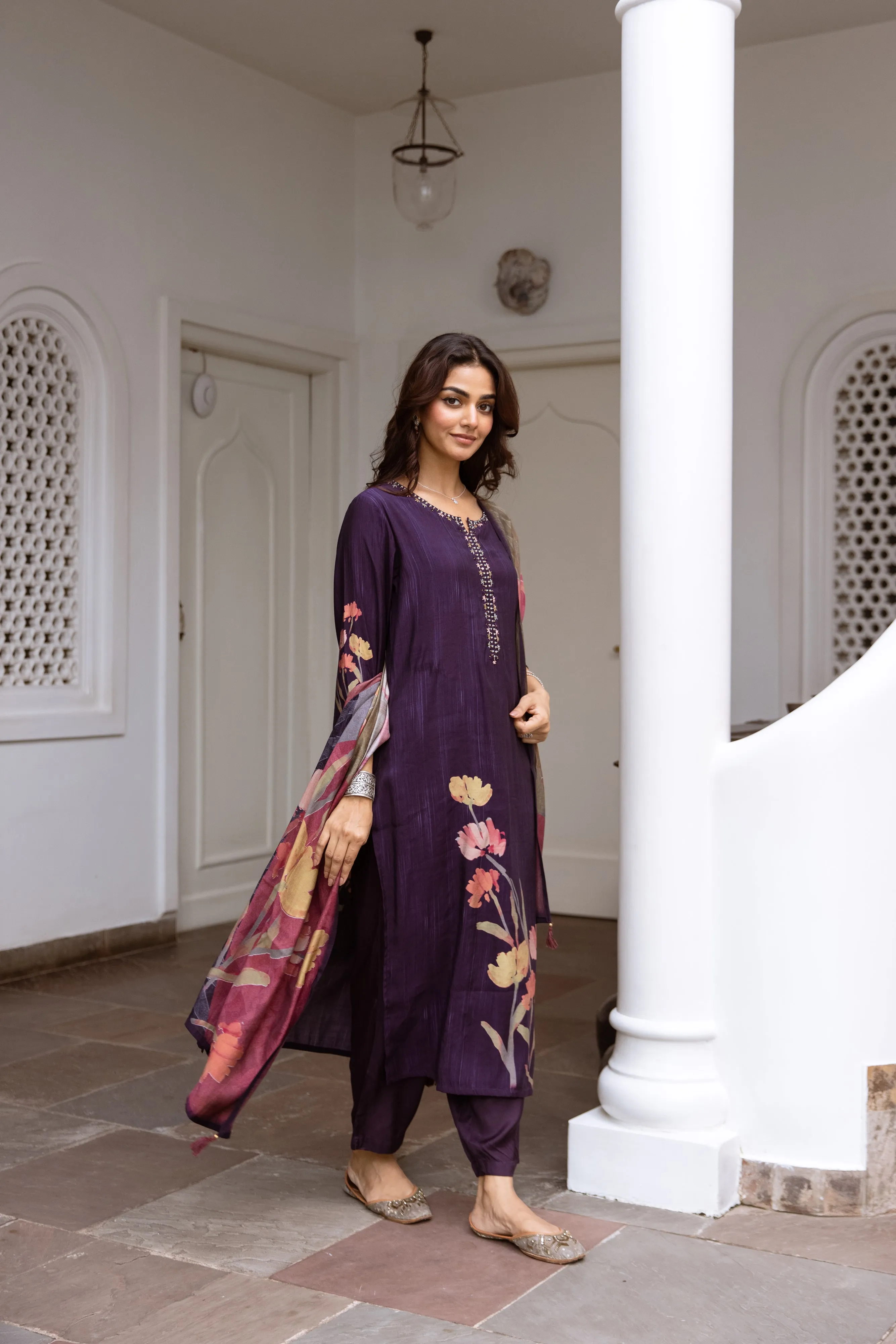 ISHIN Women PURPLE MUSLIN 3pcs kurta set