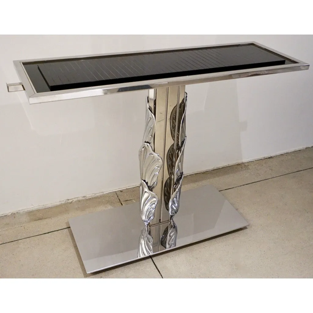 Italian Contemporary Polished Chrome and Black Glass Console with Shell Motif