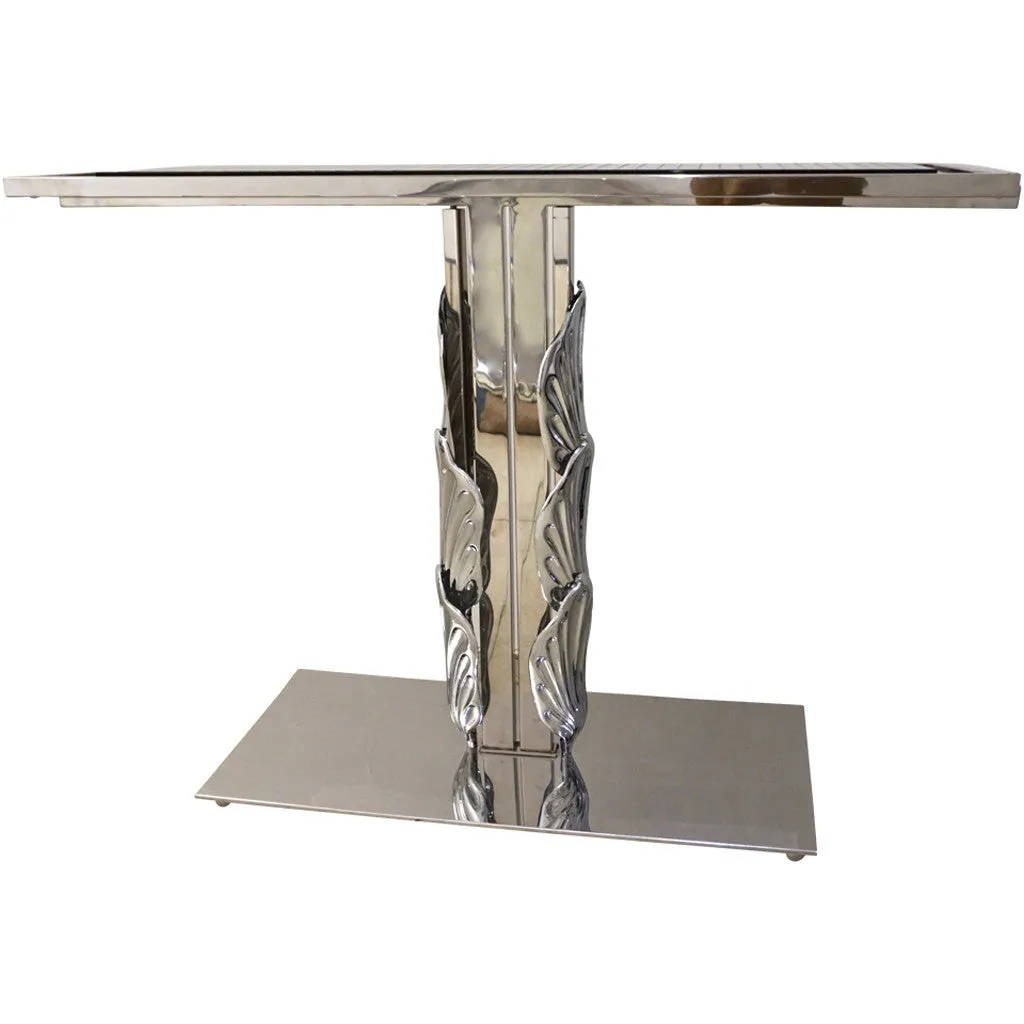 Italian Contemporary Polished Chrome and Black Glass Console with Shell Motif