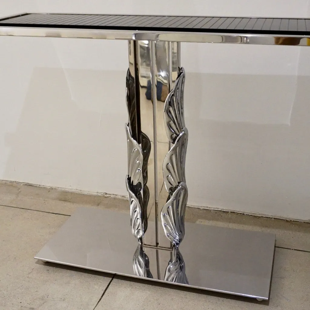 Italian Contemporary Polished Chrome and Black Glass Console with Shell Motif