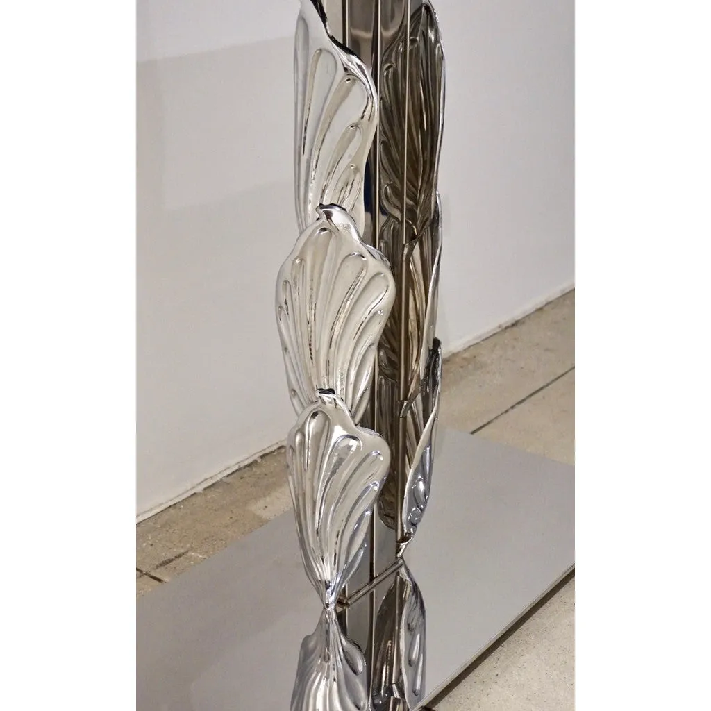 Italian Contemporary Polished Chrome and Black Glass Console with Shell Motif