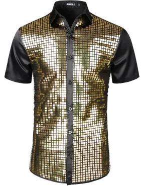 JOGAL Mens Dress Shirt Silver Sequins Short Sleeve Button Down 70s Disco Shirt Party Costume