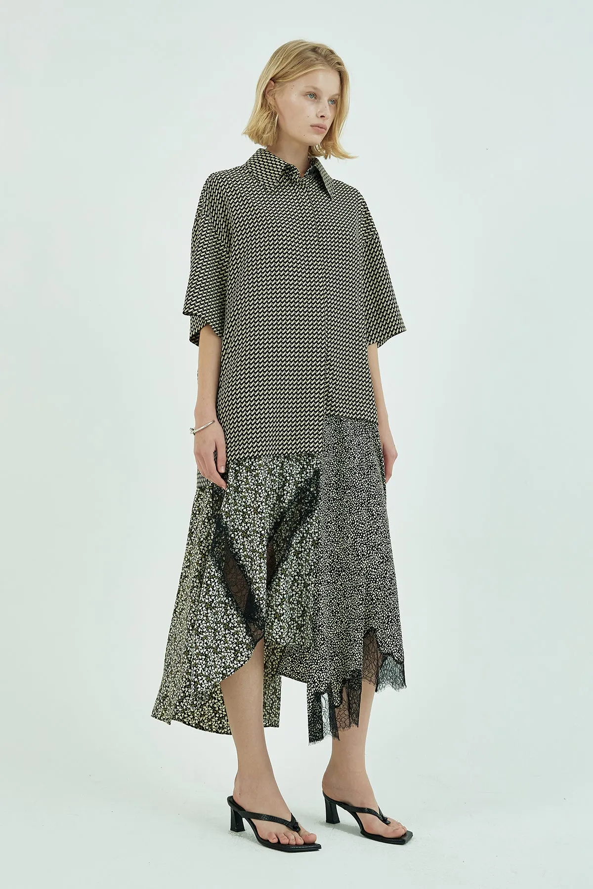 Lace trimmed skirt overlay oversized printed shortsleeve shirts