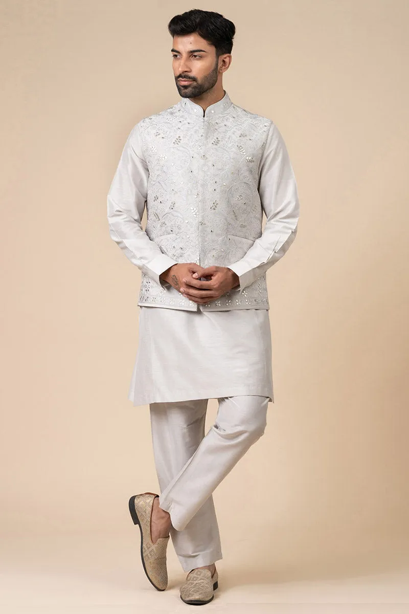 Light Grey Threadwork Kurta Bundi Set