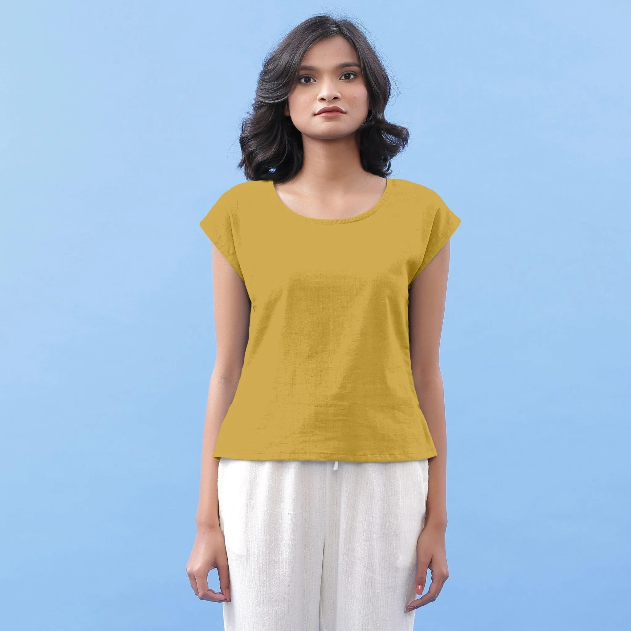 Light Yellow 100% Cotton Round Neck Essential Top