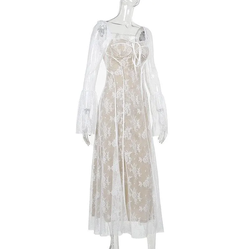 Long flared sleeve contrast zip-up lace self tie maxi dress