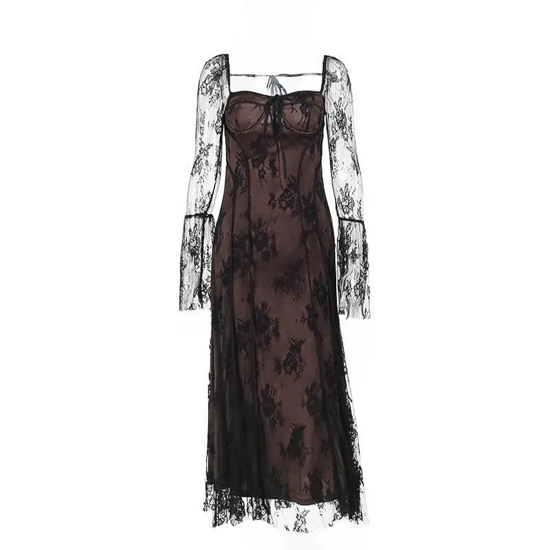 Long flared sleeve contrast zip-up lace self tie maxi dress