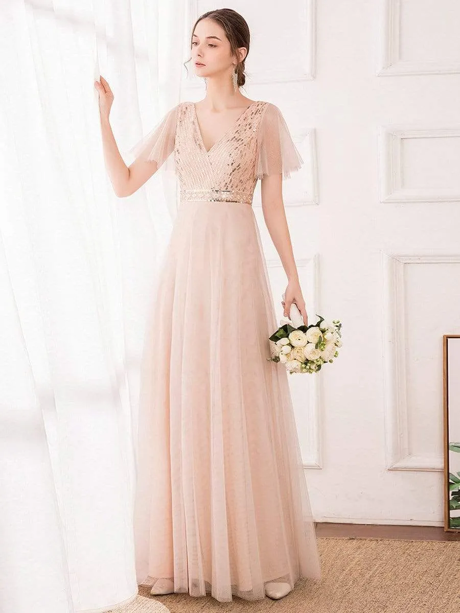 Maxi Long V-neck Tulle Bridesmaid Dress with Sequin Stripes