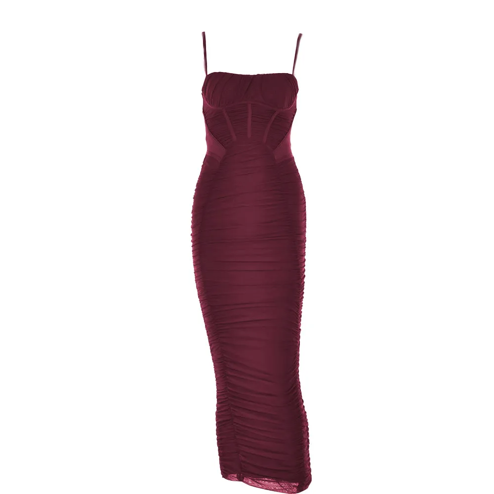 Memory Corset Mesh Maxi Dress in Burgundy