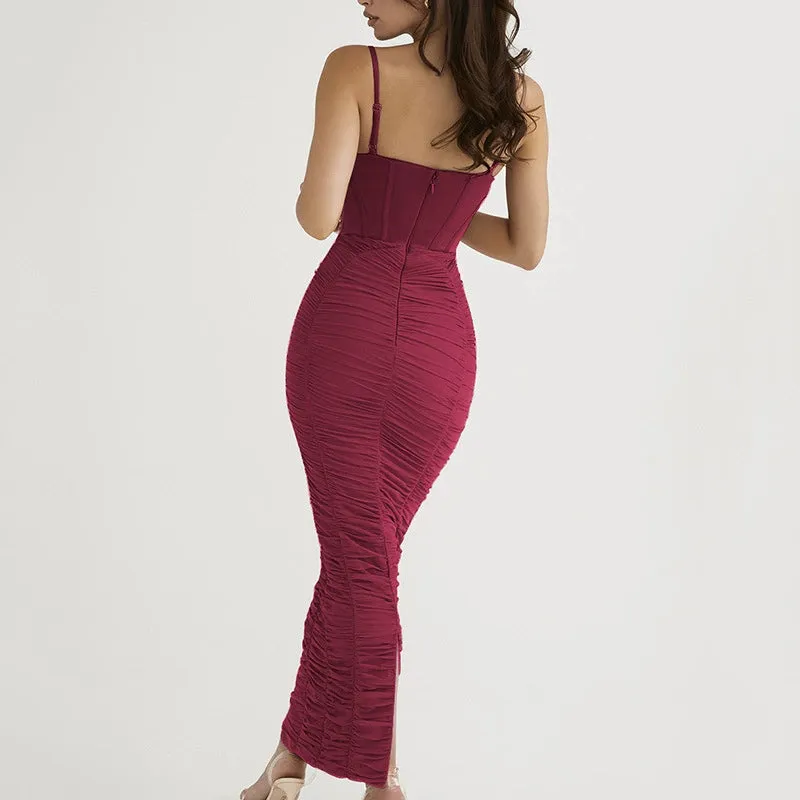 Memory Corset Mesh Maxi Dress in Burgundy