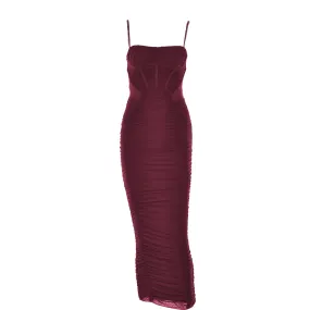 Memory Corset Mesh Maxi Dress in Burgundy