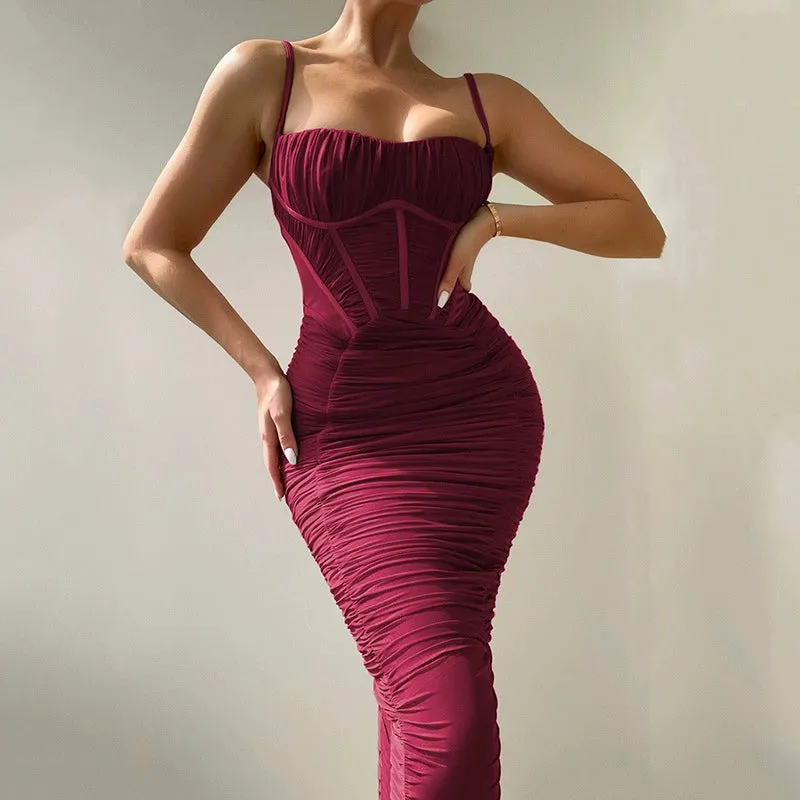 Memory Corset Mesh Maxi Dress in Burgundy