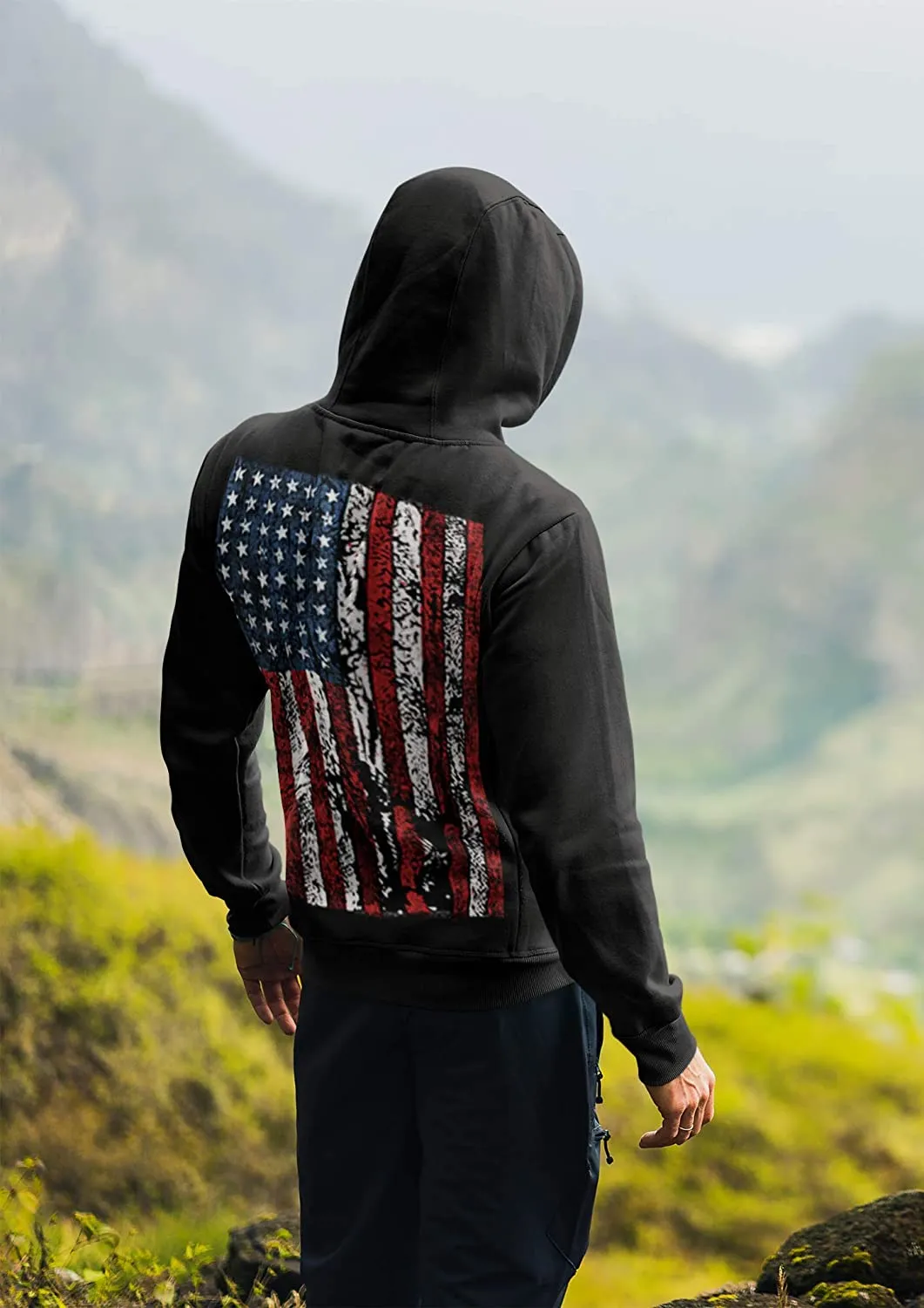 Mens Hooded Sweatshirt United States USA Tattered Flag Hoodie