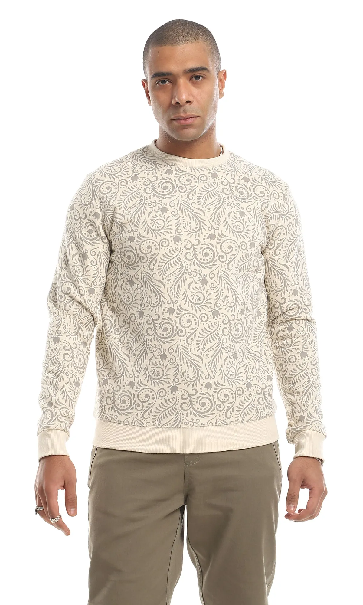 O151530 Lotus Flower & Leaves Slip On Sweatshirt - Beige & Grey