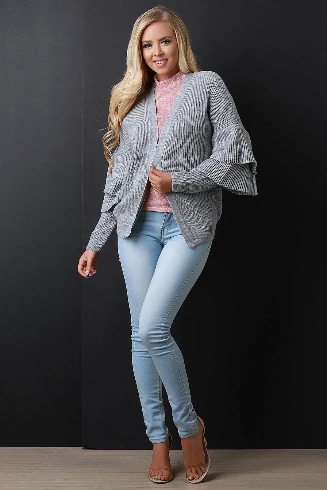 Open Front Statement Sleeves Sweater Knit Cardigan