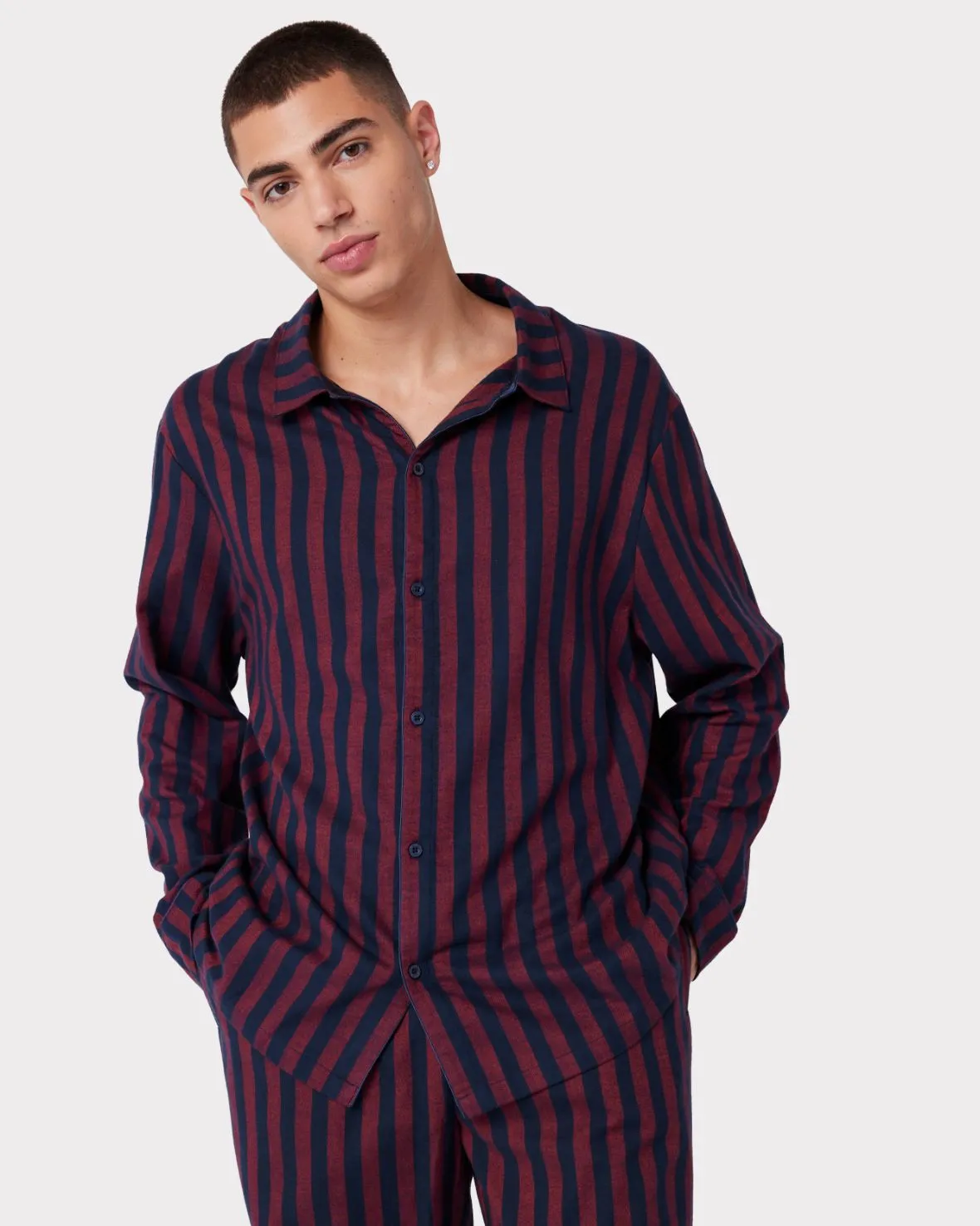 Organic Cotton Brushed Stripe Long Pyjama Shirt - Navy & Red