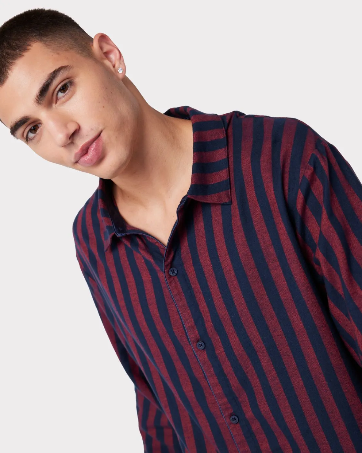 Organic Cotton Brushed Stripe Long Pyjama Shirt - Navy & Red