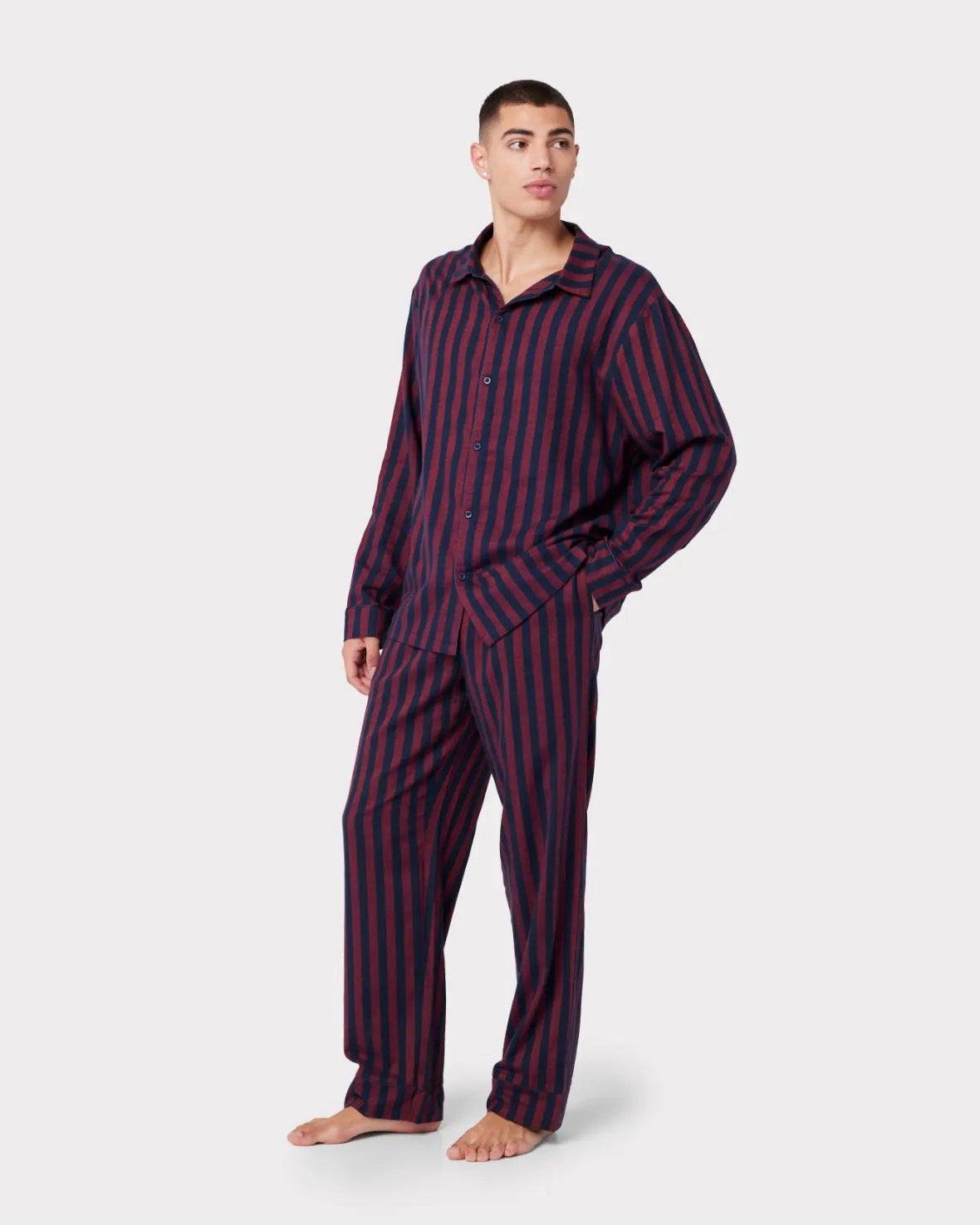 Organic Cotton Brushed Stripe Long Pyjama Shirt - Navy & Red