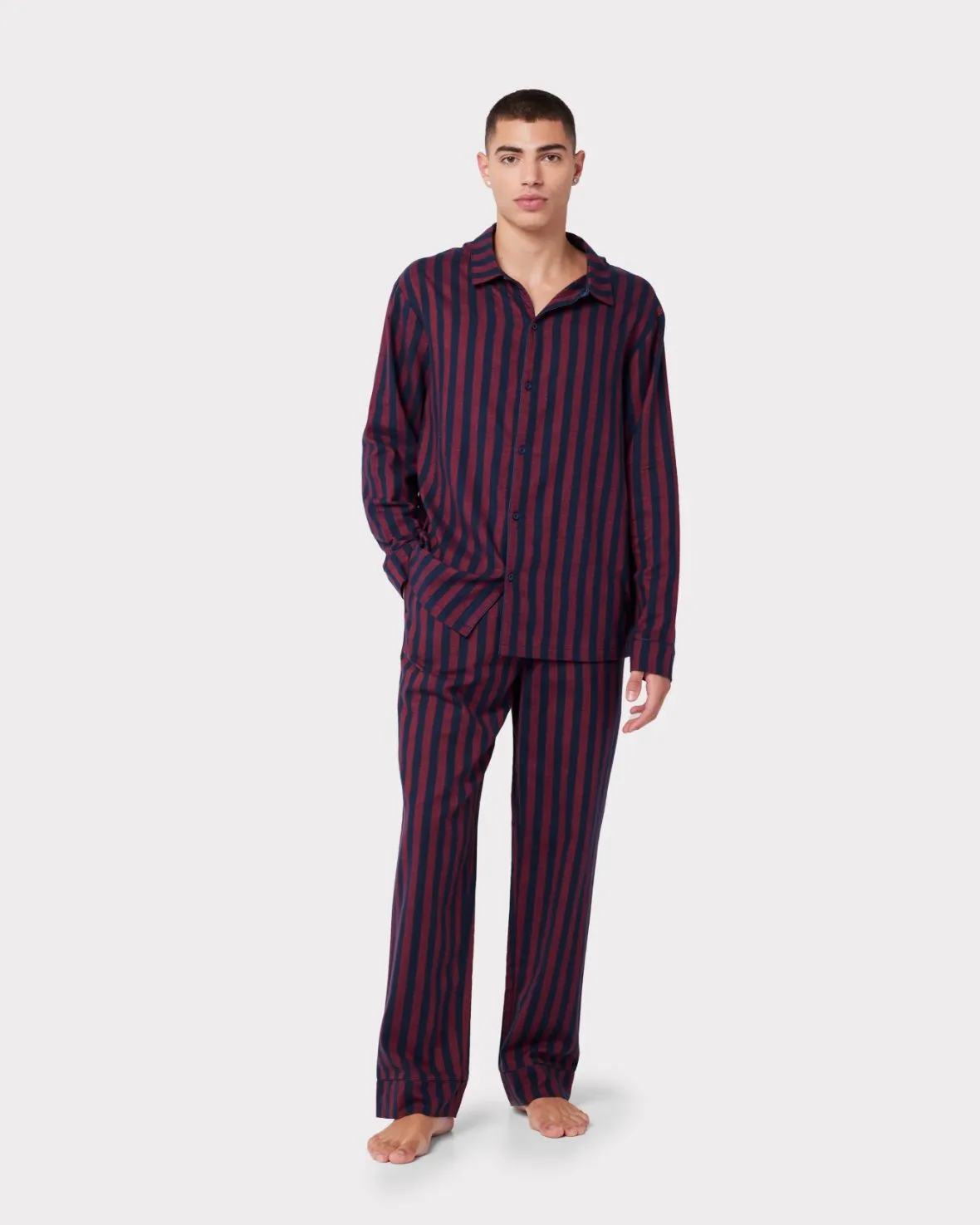 Organic Cotton Brushed Stripe Long Pyjama Shirt - Navy & Red