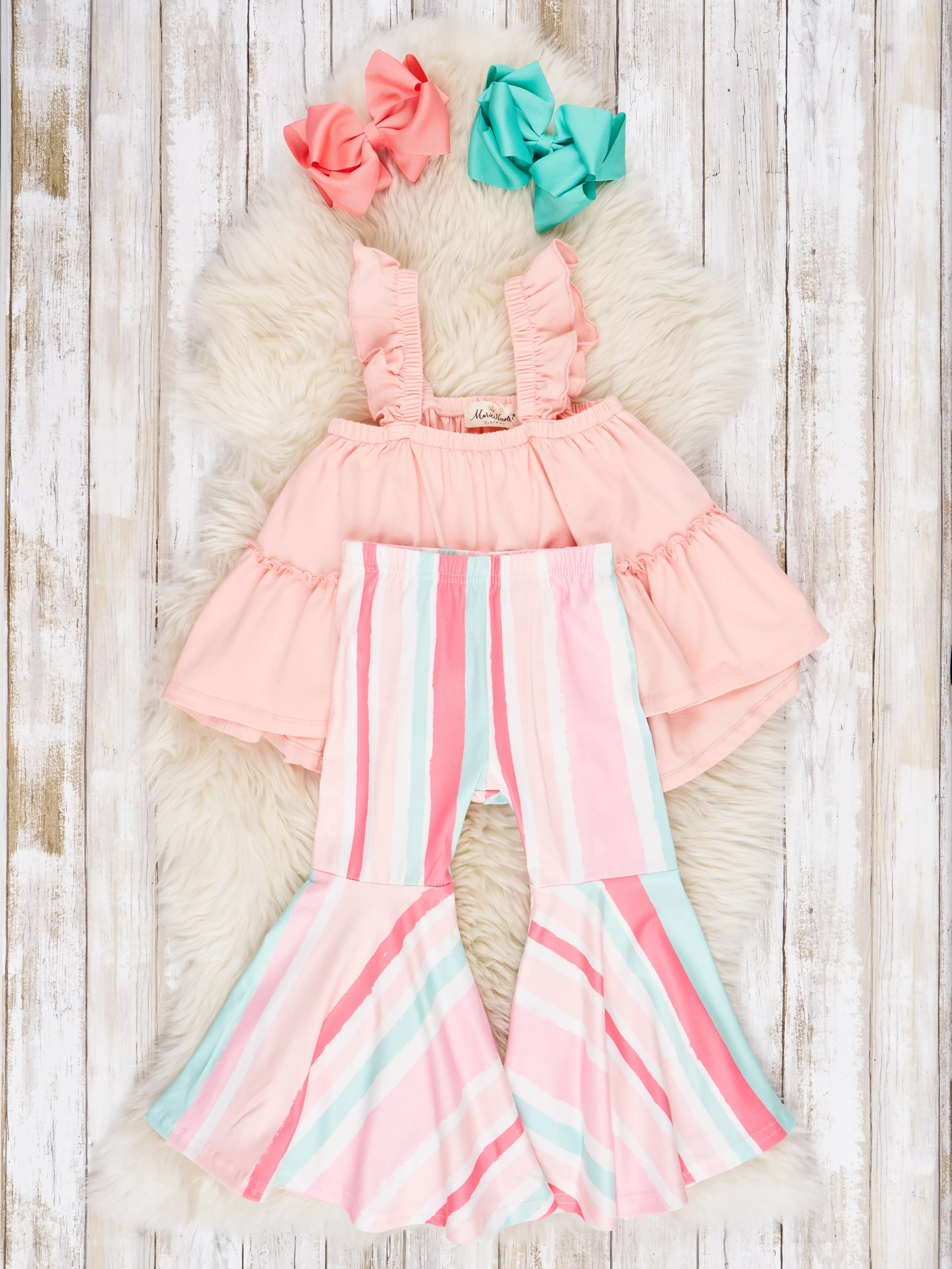 Peach Tiered Ruffle Tank & Bell Bottoms Outfit