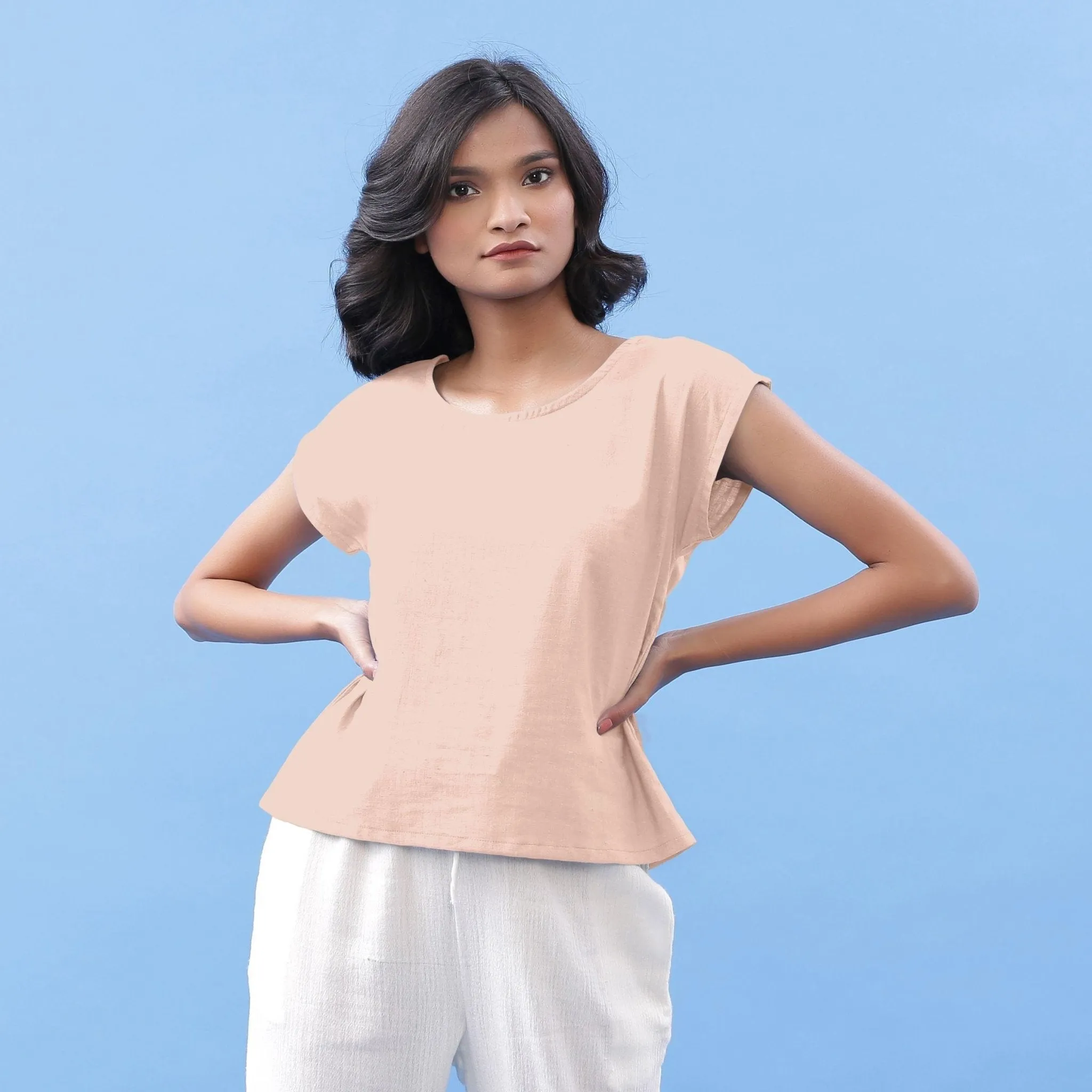 Peach Vegetable Dyed Cotton Round Neck Essential Top