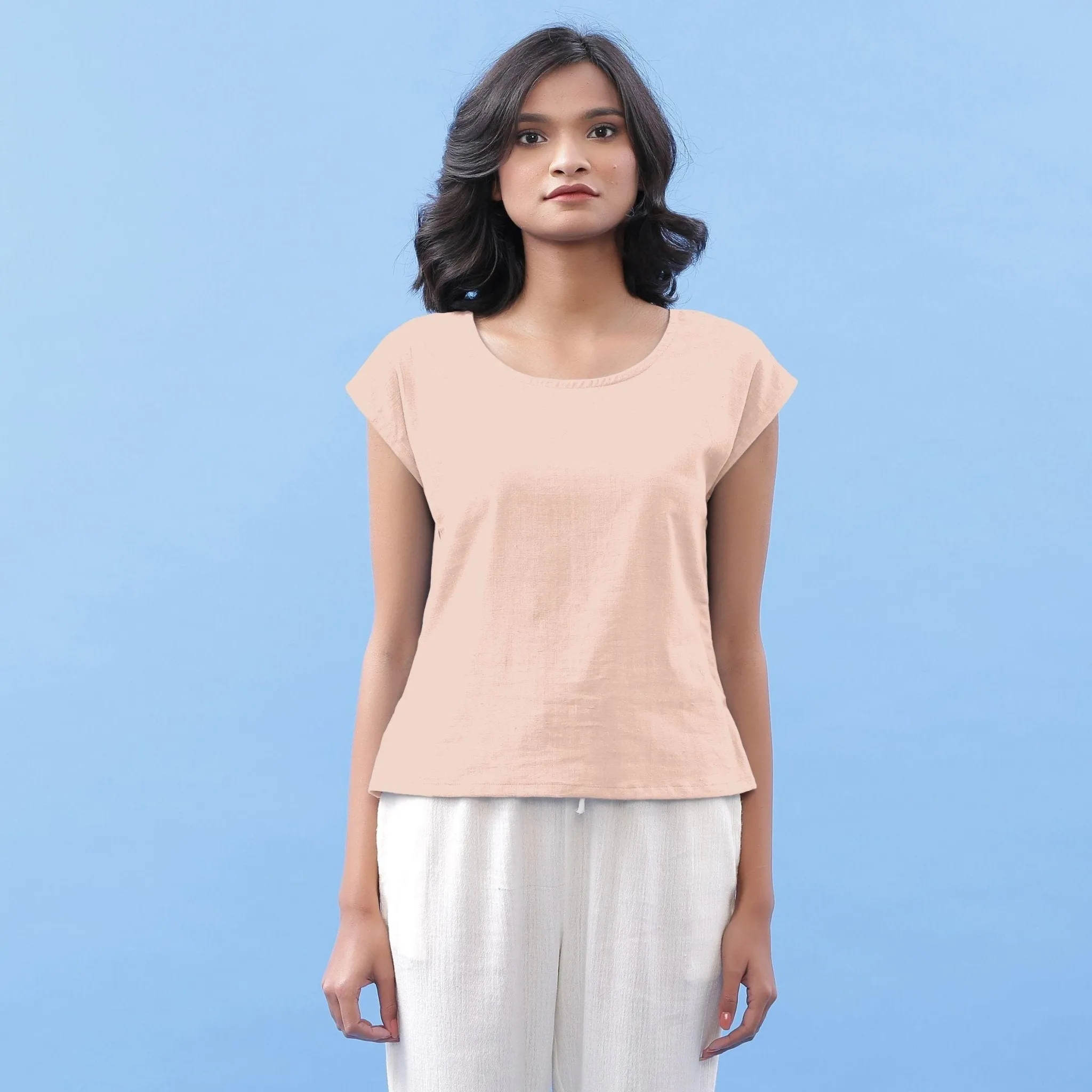 Peach Vegetable Dyed Cotton Round Neck Essential Top