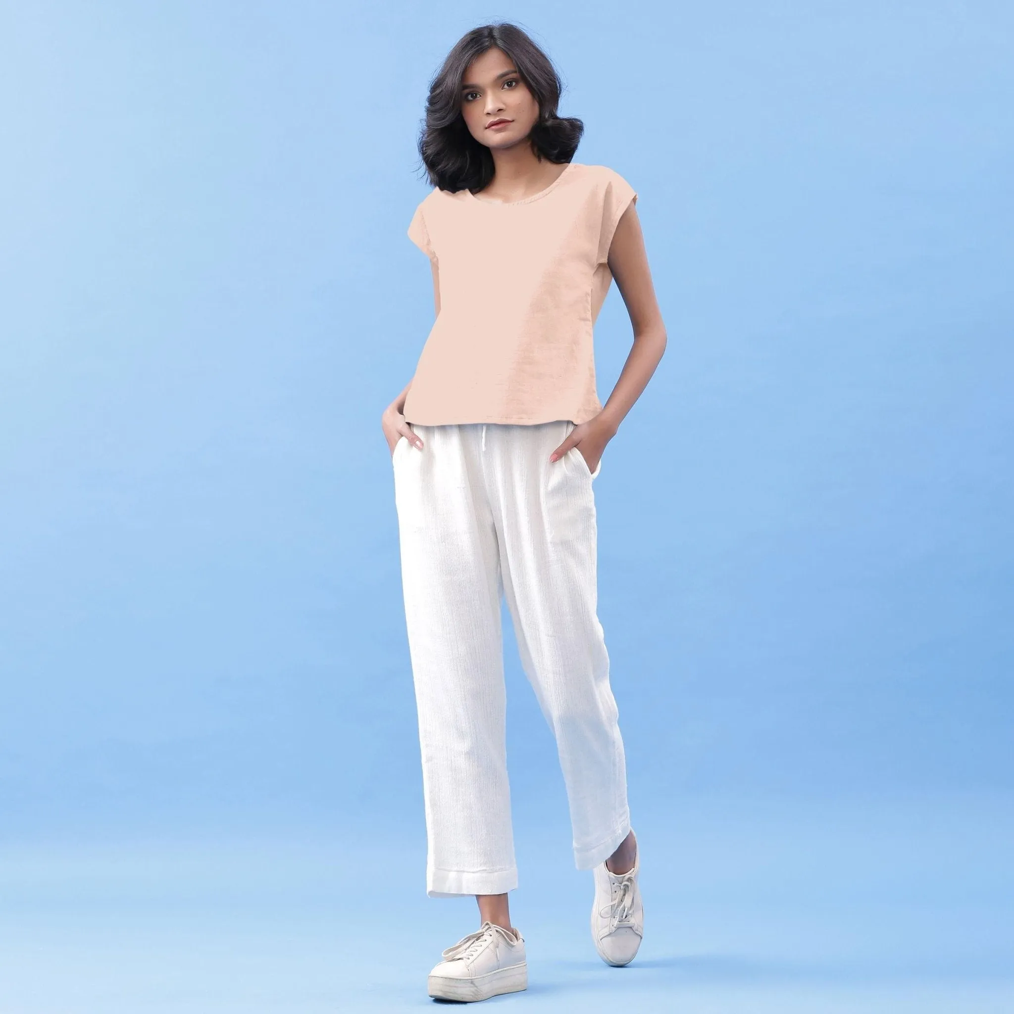 Peach Vegetable Dyed Cotton Round Neck Essential Top