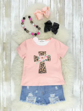 Pink Leopard Cross Denim Shorts Outfit