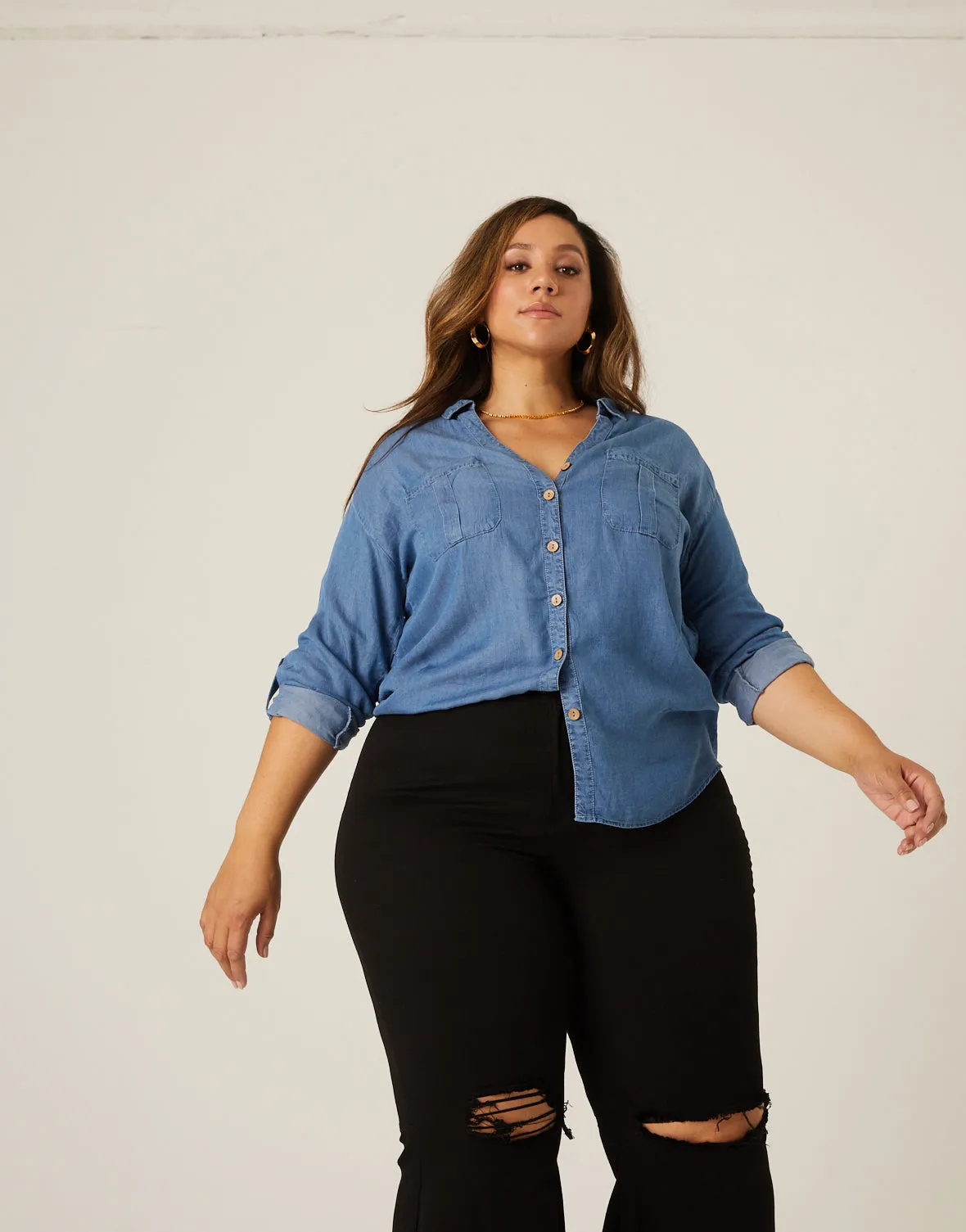 Plus Size Chambray Denim Shirt