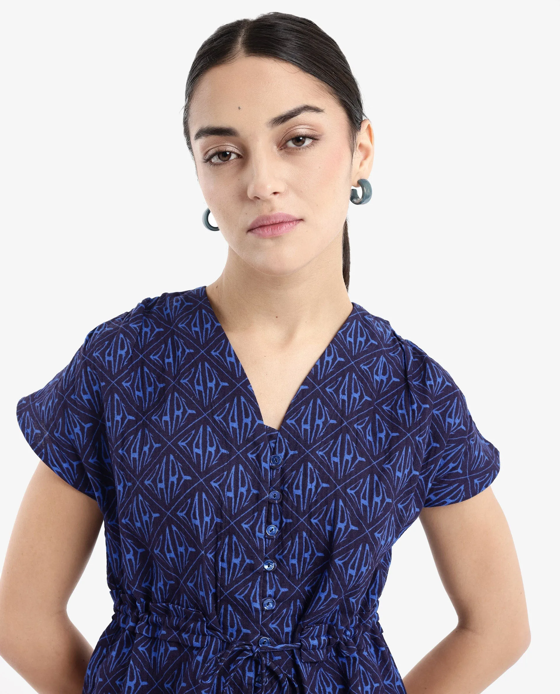 Rareism Women Bolgan Dark Blue Extended Sleeves V-Neck Button Monogram Print Cropped Top